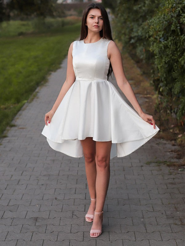 A-Line/Princess Satin Ruffles Jewel Sleeveless Short/Mini Homecoming Dresses CICIP0004641