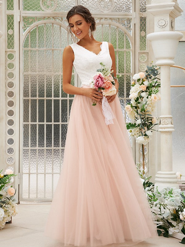A-Line/Princess Tulle Lace V-neck Sleeveless Floor-Length Bridesmaid Dresses CICIP0004942