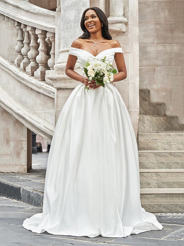 A-Line/Princess Off-the-Shoulder Ruched Sleeveless Satin Court Train Wedding Dresses CICIP0005936