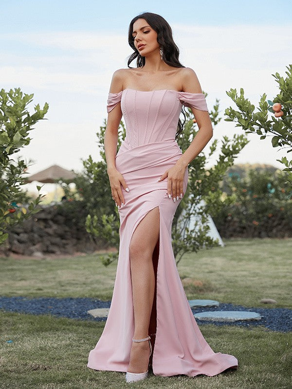 Sheath/Column Stretch Crepe Ruched Off-the-Shoulder Sleeveless Sweep/Brush Train Bridesmaid Dresses CICIP0004910