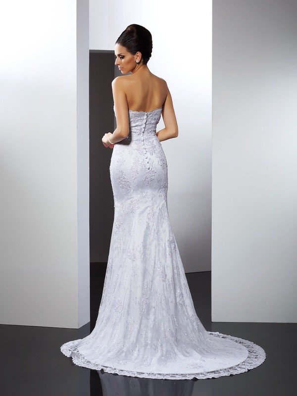 Trumpet/Mermaid Sweetheart Applique Sleeveless Long Lace Wedding Dresses CICIP0006483