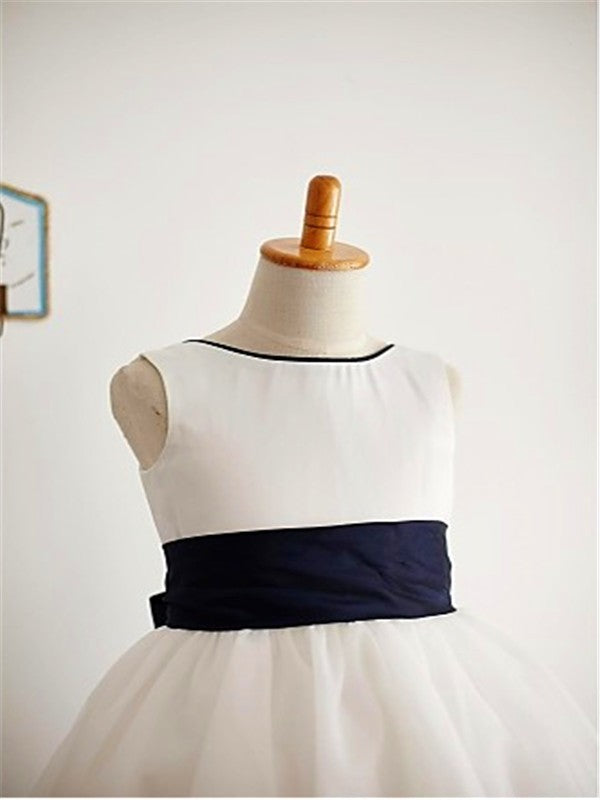 A-line/Princess Scoop Bowknot Sleeveless Tea-Length Tulle Flower Girl Dresses CICIP0007839