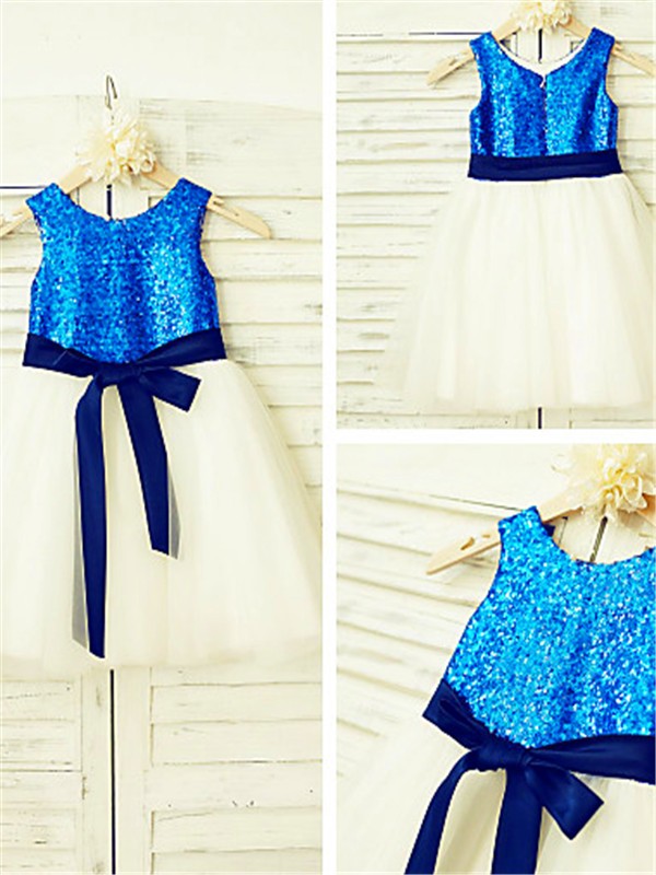 A-line/Princess Scoop Sequin Sleeveless Tea-Length Tulle Flower Girl Dresses CICIP0007769