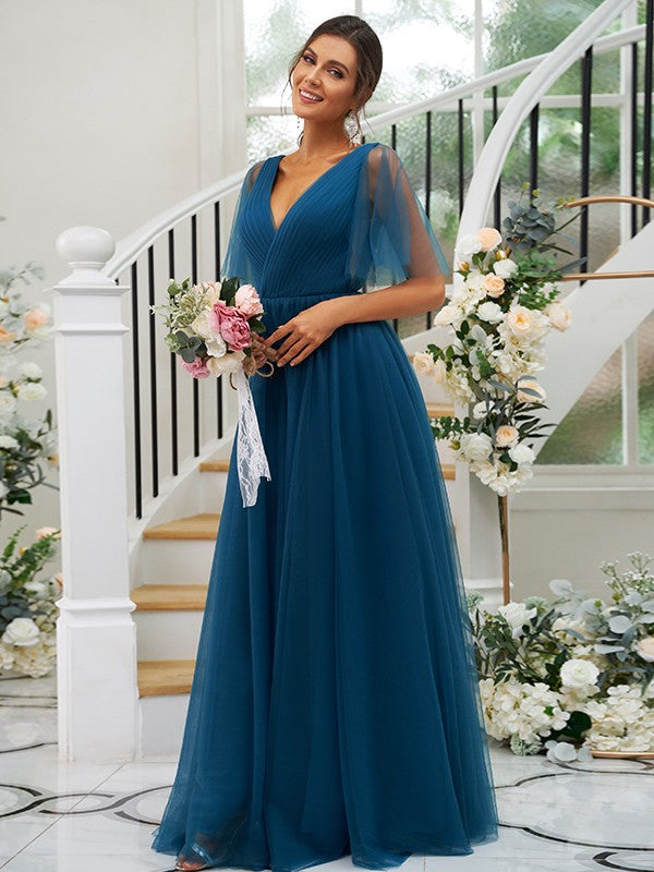 A-Line/Princess Tulle Ruffles V-neck Short Sleeves Floor-Length Bridesmaid Dresses CICIP0004963