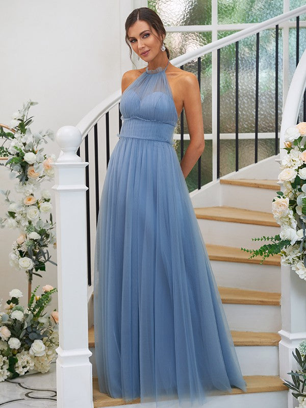 A-Line/Princess Tulle Ruched Halter Sleeveless Floor-Length Bridesmaid Dresses CICIP0004960