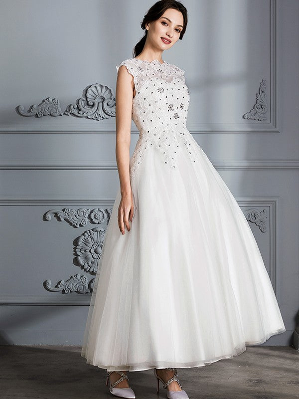 Ball Gown Scoop Sleeveless Tea-Length Tulle Wedding Dresses CICIP0006628
