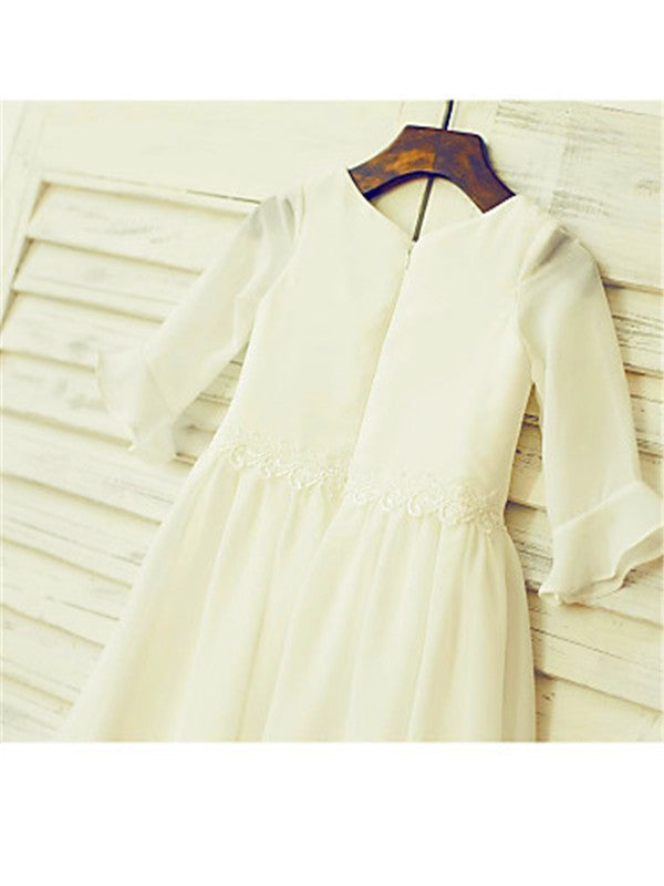 A-line/Princess Scoop Long Sleeves Ruffles Tea-Length Chiffon Flower Girl Dresses CICIP0007835