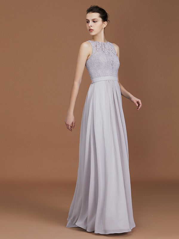 A-Line/Princess Scoop Lace Floor-Length Ruched Chiffon Bridesmaid Dress CICIP0005643