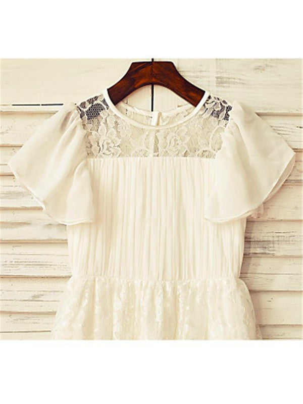 A-line/Princess Scoop Short Sleeves Lace Tea-Length Chiffon Flower Girl Dresses CICIP0007820