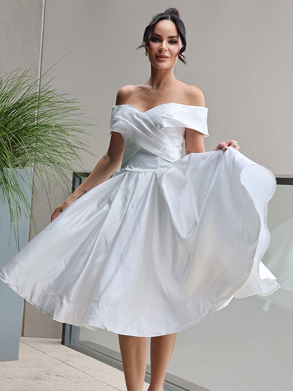 A-Line/Princess Satin Ruffles Off-the-Shoulder Sleeveless Knee-Length Wedding Dresses CICIP0007033