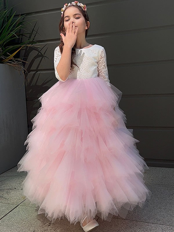 A-Line/Princess Tulle Lace Scoop 3/4 Sleeves Ankle-Length Flower Girl Dresses CICIP0007497
