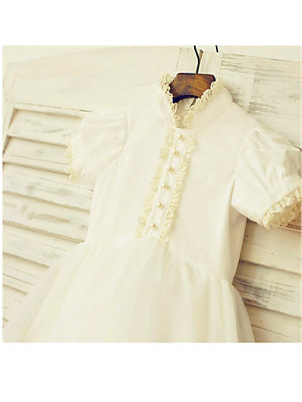 A-line/Princess High Neck Short Sleeves Lace Tea-Length Tulle Flower Girl Dresses CICIP0007902
