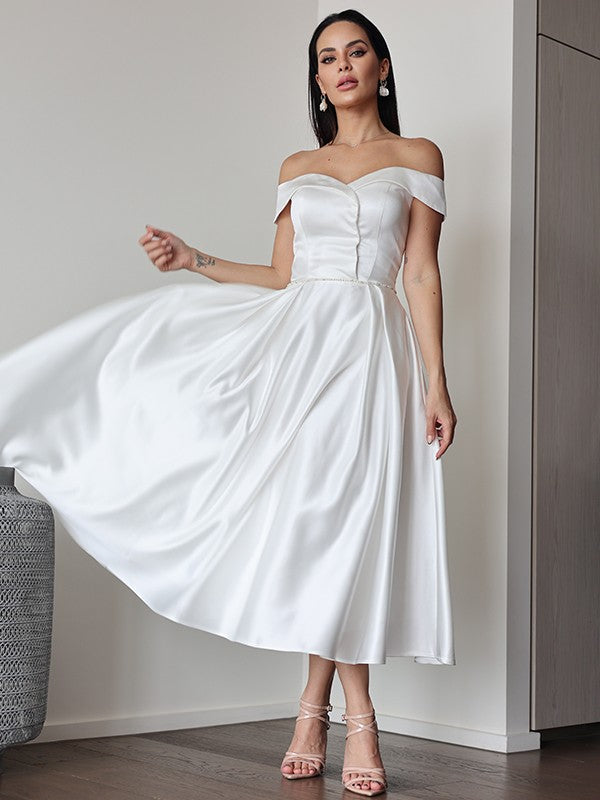 A-Line/Princess Satin Ruffles Off-the-Shoulder Sleeveless Tea-Length Wedding Dresses CICIP0007025