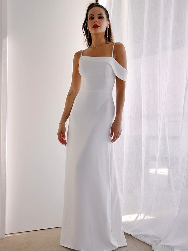 Sheath/Column Spaghetti Straps Satin Sleeveless Ruched Floor-Length Wedding Dresses CICIP0006156