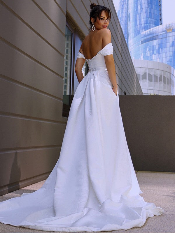 A-Line/Princess Satin Ruched Off-the-Shoulder Sleeveless Sweep/Brush Train Wedding Dresses CICIP0006115