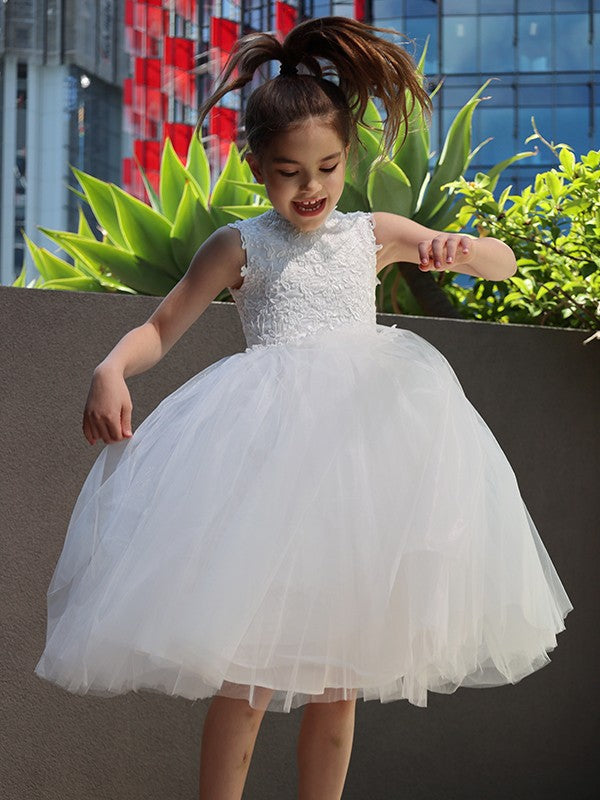 A-Line/Princess Tulle Lace High Neck Sleeveless Knee-Length Flower Girl Dresses CICIP0007488