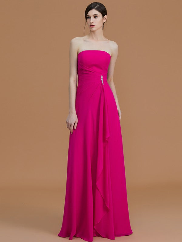 A-Line/Princess Strapless Sleeveless Floor-Length Ruffles Chiffon Bridesmaid Dresses CICIP0005756