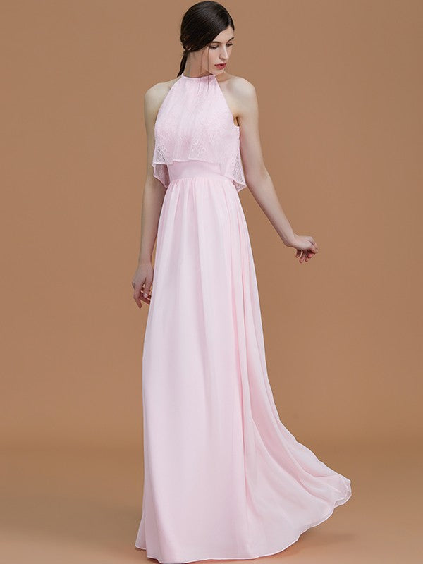 A-Line/Princess Halter Sleeveless Floor-Length Ruffles Chiffon Bridesmaid Dresses CICIP0005706