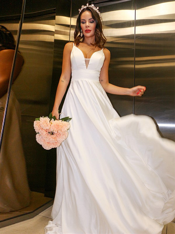 A-Line/Princess Charmeuse Spaghetti Straps Ruffles Sleeveless Sweep/Brush Train Wedding Dresses CICIP0006078