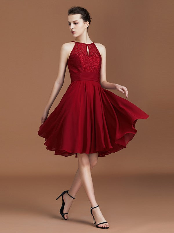 A-Line/Princess halter Sleeveless Knee-Length Chiffon Lace Bridesmaid Dress CICIP0005509