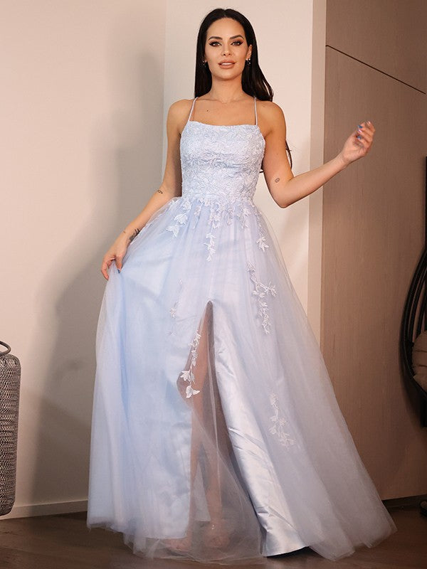 A-Line/Princess Lace Ruffles Spaghetti Straps Sleeveless Floor-Length Dresses CICIP0004871