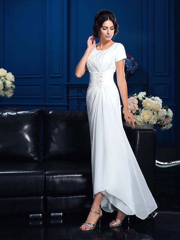 A-Line/Princess Scoop Short Sleeves High Low Chiffon Mother of the Bride Dresses CICIP0007119