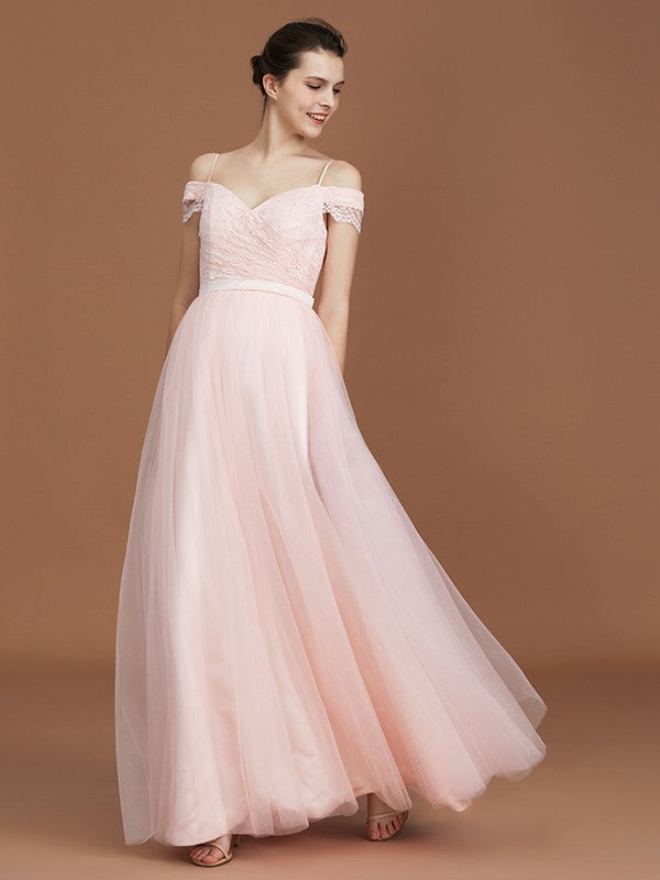 A-Line/Princess Short Sleeves Lace Spaghetti Straps Ruched Sweetheart Floor-Length Tulle Bridesmaid Dresses CICIP0005826