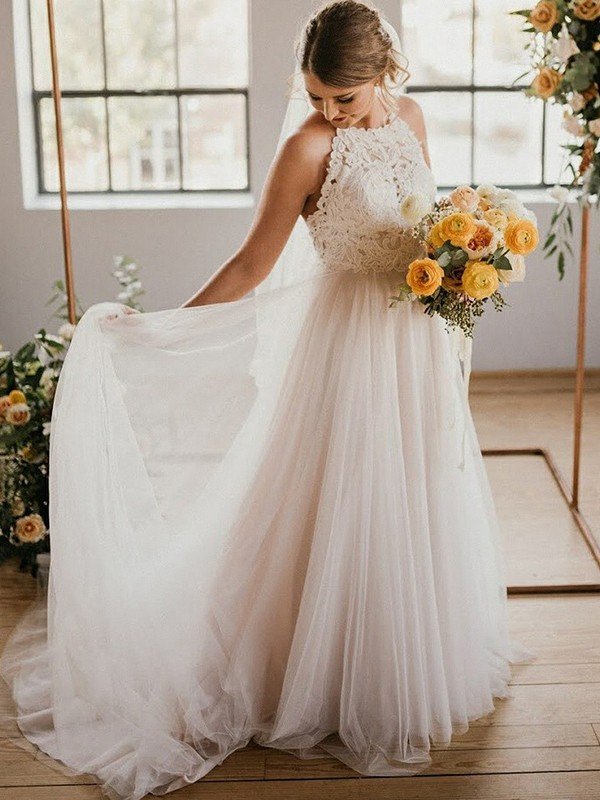 A-Line/Princess Lace Tulle Sleeveless Halter Floor-Length Wedding Dresses CICIP0006596