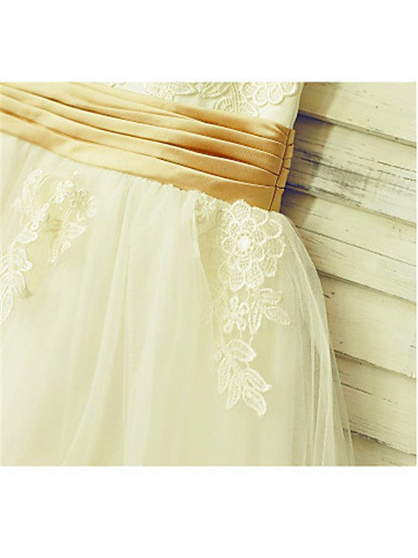 A-line/Princess Sleeveless Scoop Lace Tea-Length Tulle Flower Girl Dresses CICIP0007784
