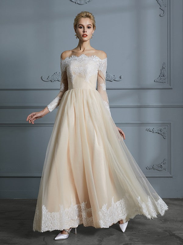 A-Line/Princess Off-the-Shoulder Long Sleeves Floor-Length Lace Tulle Wedding Dresses CICIP0006638
