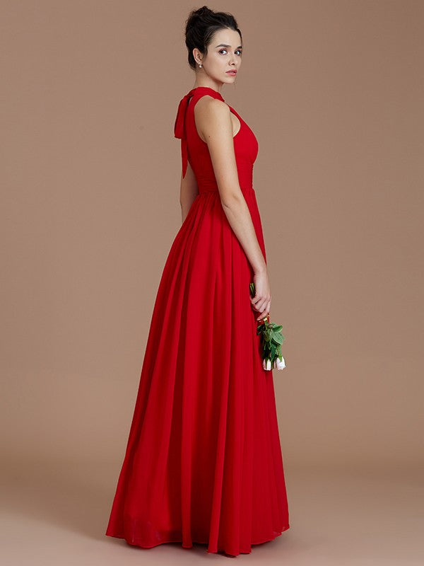 A-Line/Princess Halter Sleeveless Ruched Floor-Length Chiffon Bridesmaid Dresses CICIP0005060