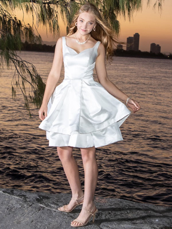 A-Line/Princess Satin Ruffles Sweetheart Sleeveless Short/Mini Homecoming Dresses CICIP0004555
