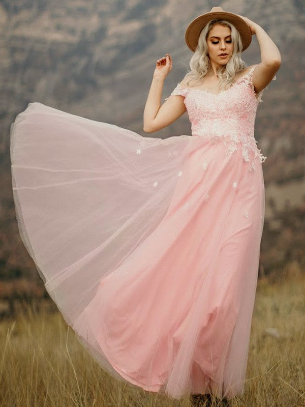 A-Line/Princess Tulle Sleeveless Sweetheart Applique Floor-Length Dresses CICIP0004788