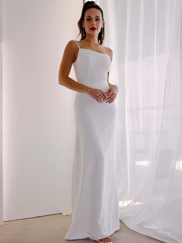 Sheath/Column Spaghetti Straps Satin Sleeveless Ruched Floor-Length Wedding Dresses CICIP0006156