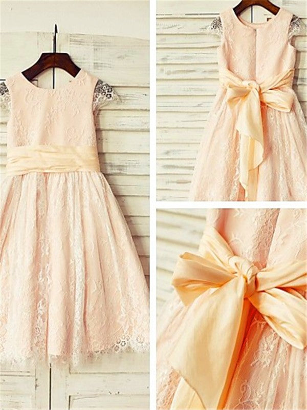 A-line/Princess Scoop Short Sleeves Sash/Ribbon/Belt Tea-Length Lace Flower Girl Dresses CICIP0007879