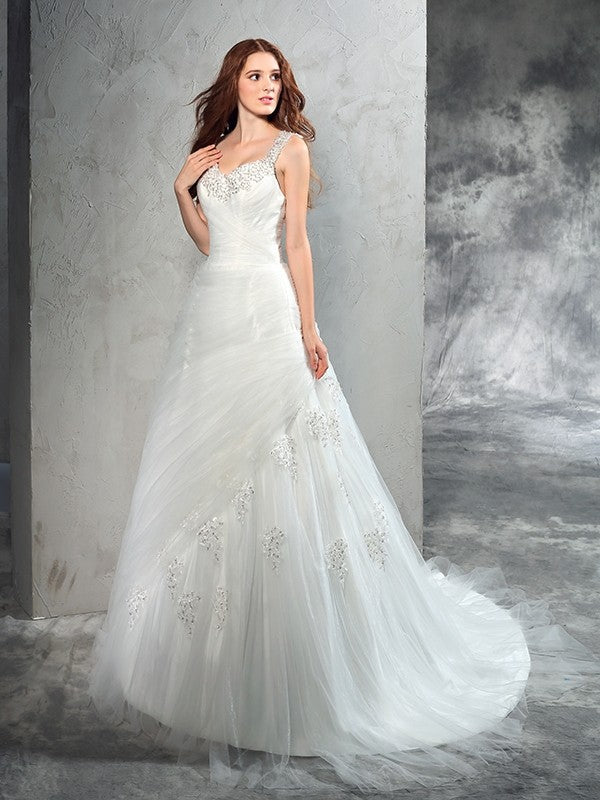 Ball Gown Straps Applique Sleeveless Long Net Wedding Dresses CICIP0006551