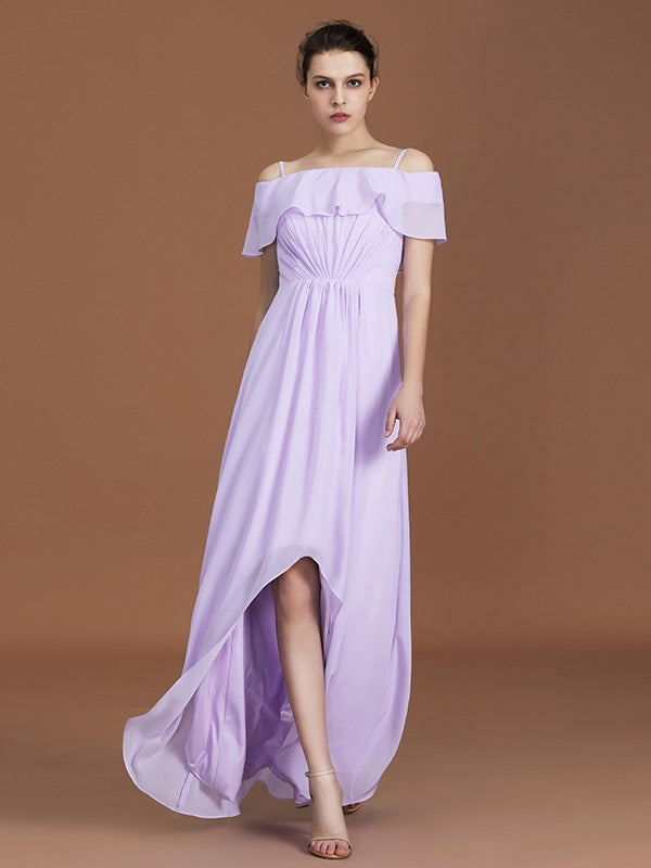 A-Line/Princess Asymmetrical Short Sleeves Off-the-Shoulder Ruched Chiffon Bridesmaid Dresses CICIP0005829