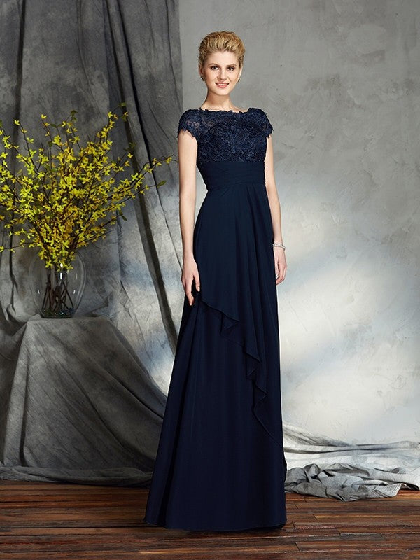 A-Line/Princess Bateau Applique Short Sleeves Long Chiffon Mother of the Bride Dresses CICIP0007264