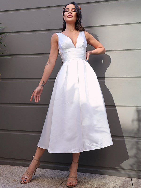 A-Line/Princess Satin Ruched V-neck Sleeveless Tea-Length Wedding Dresses CICIP0007021
