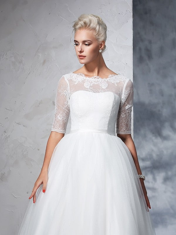 Ball Gown Bateau Lace 1/2 Sleeves Long Net Wedding Dresses CICIP0006343