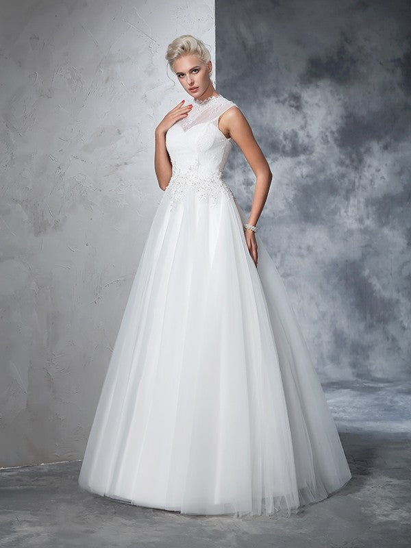 Ball Gown High Neck Applique Sleeveless Long Net Wedding Dresses CICIP0006770