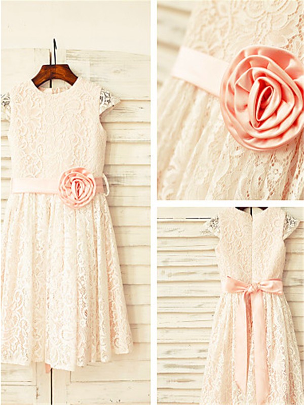 A-line/Princess Scoop Hand-made Flower Short Sleeves Tea-Length Lace Flower Girl Dresses CICIP0007819