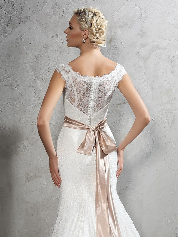 Sheath/Column Sheer Neck Sash/Ribbon/Belt Sleeveless Long Lace Wedding Dresses CICIP0006482