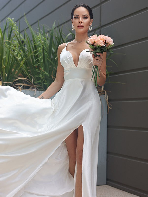 A-Line/Princess Satin Ruched V-neck Sleeveless Sweep/Brush Train Wedding Dresses CICIP0007022