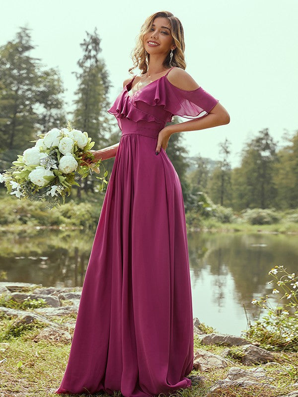 A-Line/Princess Chiffon Ruffles V-neck Sleeveless Floor-Length Bridesmaid Dresses CICIP0004967