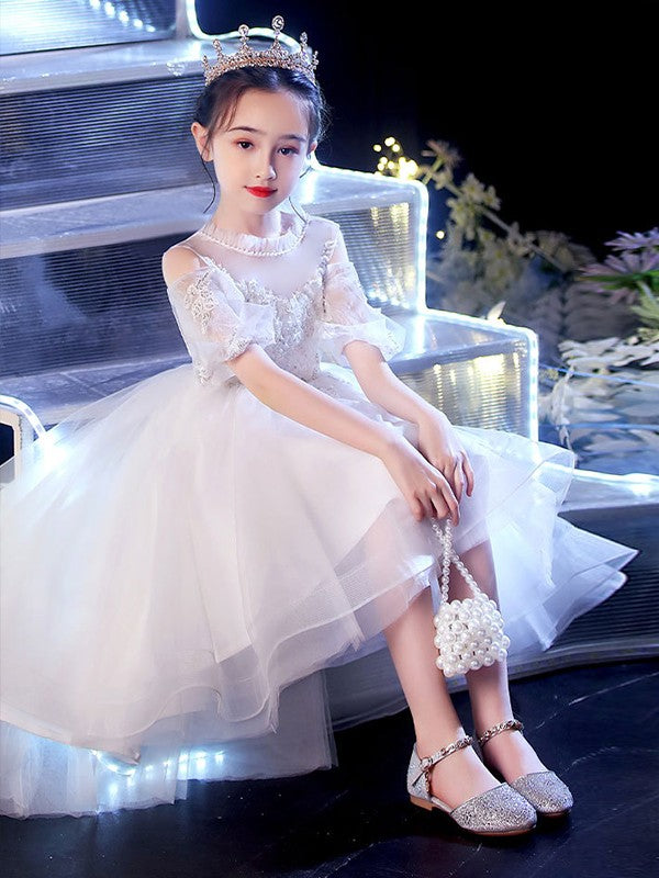 A-Line/Princess Tulle Applique Scoop Short Sleeves Asymmetrical Flower Girl Dresses CICIP0007509