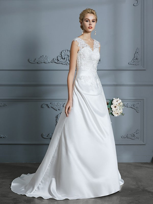 A-Line/Princess V-neck Sweep/Brush Train Sleeveless Applique Satin Wedding Dresses CICIP0006626