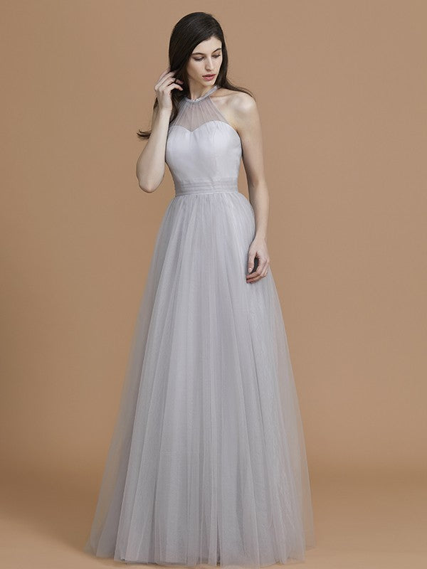 A-Line/Princess Halter Sleeveless Floor-Length Ruffles Tulle Bridesmaid Dresses CICIP0005376