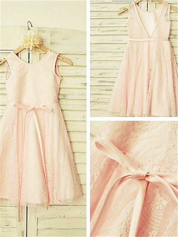 A-line/Princess Scoop Sleeveless Sash/Ribbon/Belt Tea-Length Lace Flower Girl Dresses CICIP0007847