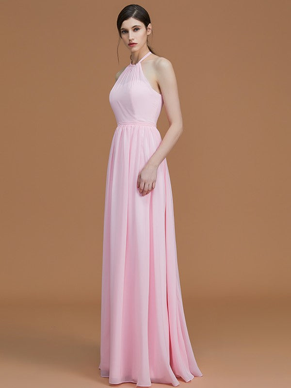 A-Line/Princess Halter Sleeveless Floor-Length Ruched Chiffon Bridesmaid Dresses CICIP0005663